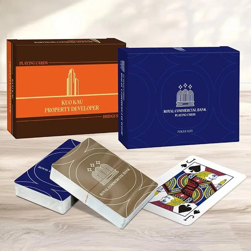 Custom printed playing card backs with brown, orange and blue branded boxes