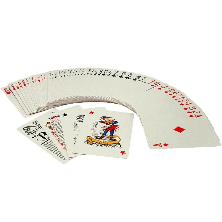 Fanned playing cards with jokers and additional printed information cards