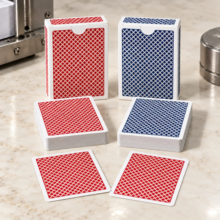 AI concept of red and blue casino decks with coordinated printed tuck boxes