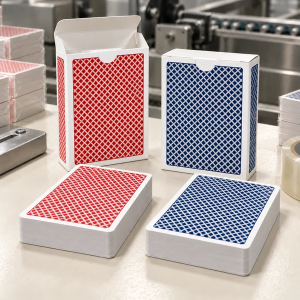 AI illustration of playing-card decks and tuck boxes ready for packing