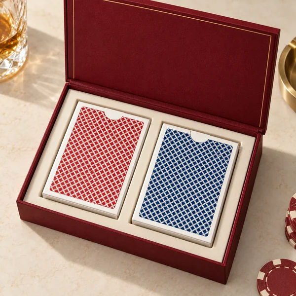 AI concept of an open burgundy presentation box for two decks
